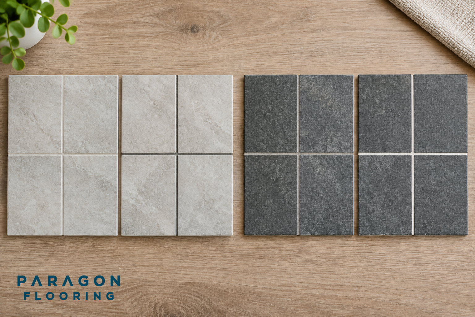 Two tile floor samples side by side, each showing both a matching and a contrasting grout color.