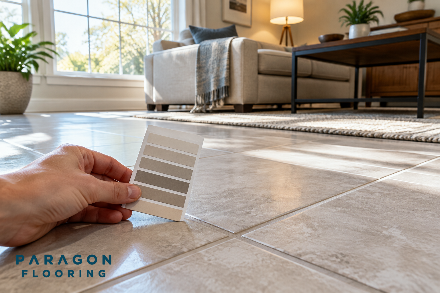A hand holds a cured grout sample next to floor tiles in a living room with both daylight and lamp light.