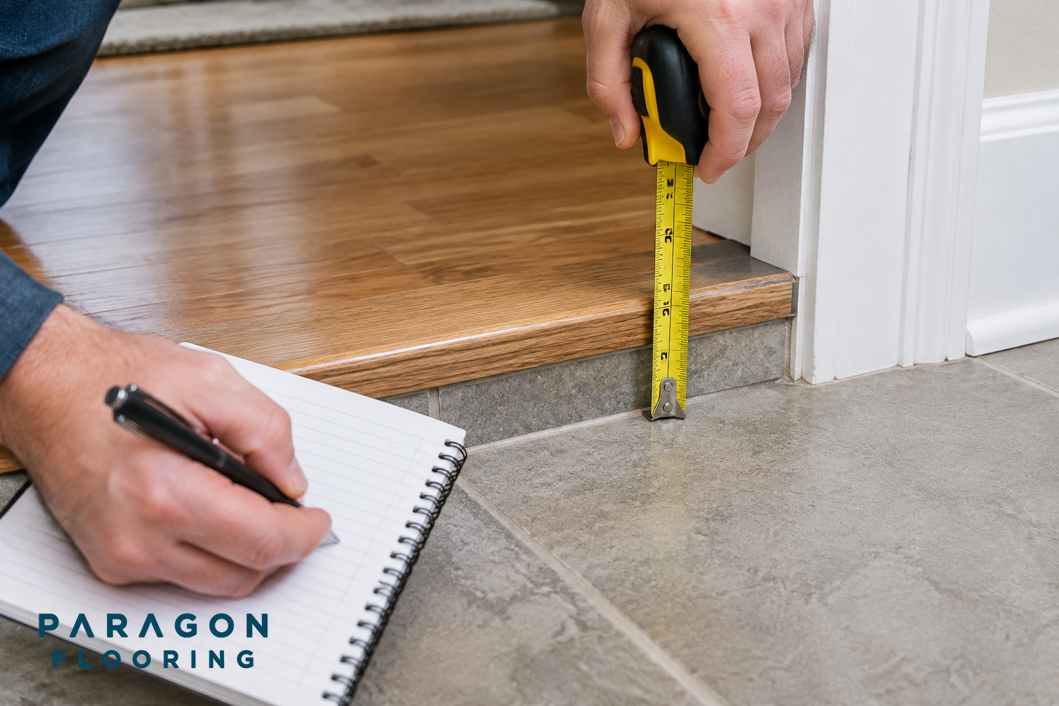 Recording height difference between two floors at a doorway with a tape measure and notepad.