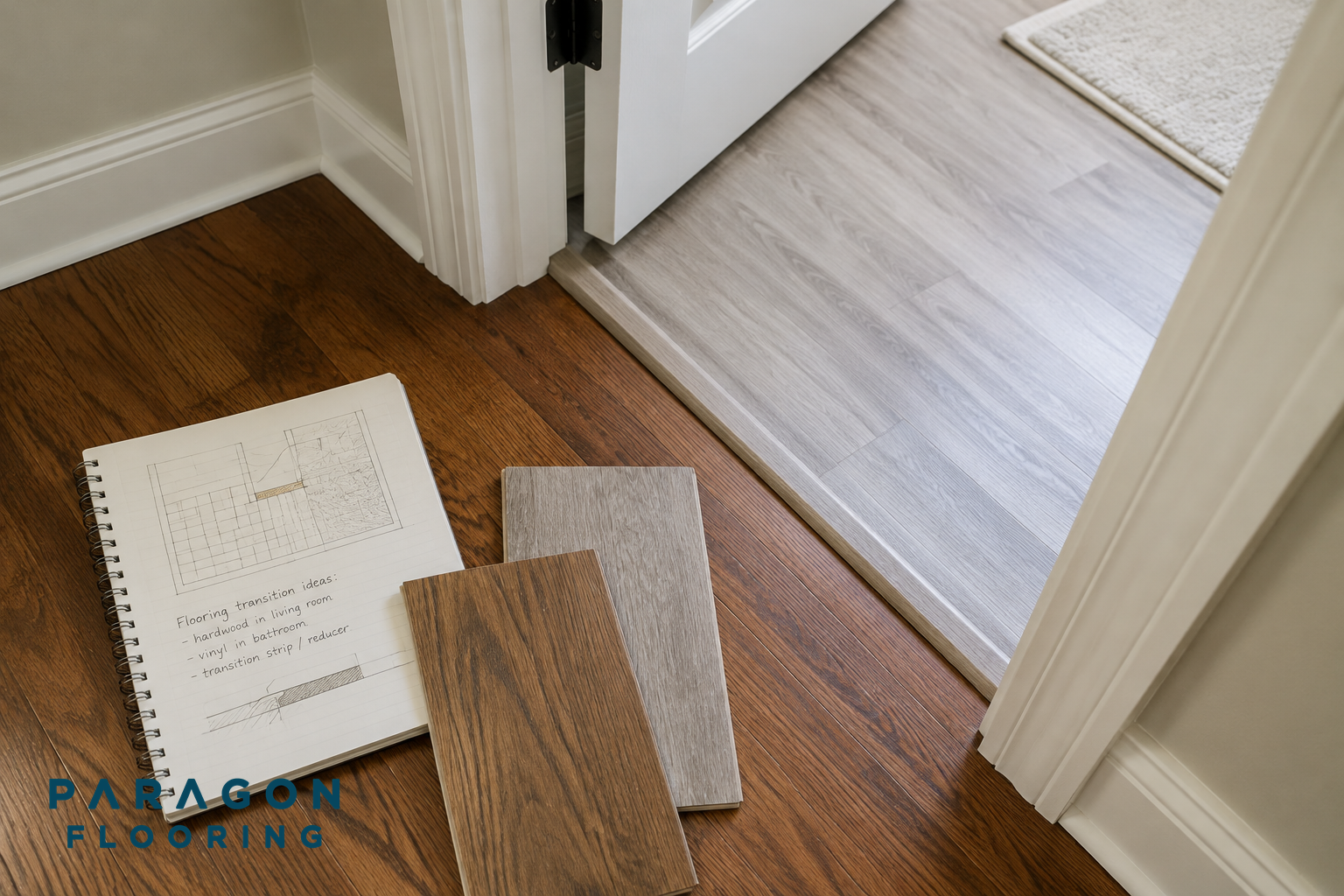 Top-down view of a doorway with notepad and flooring samples, showing flooring transition planning.