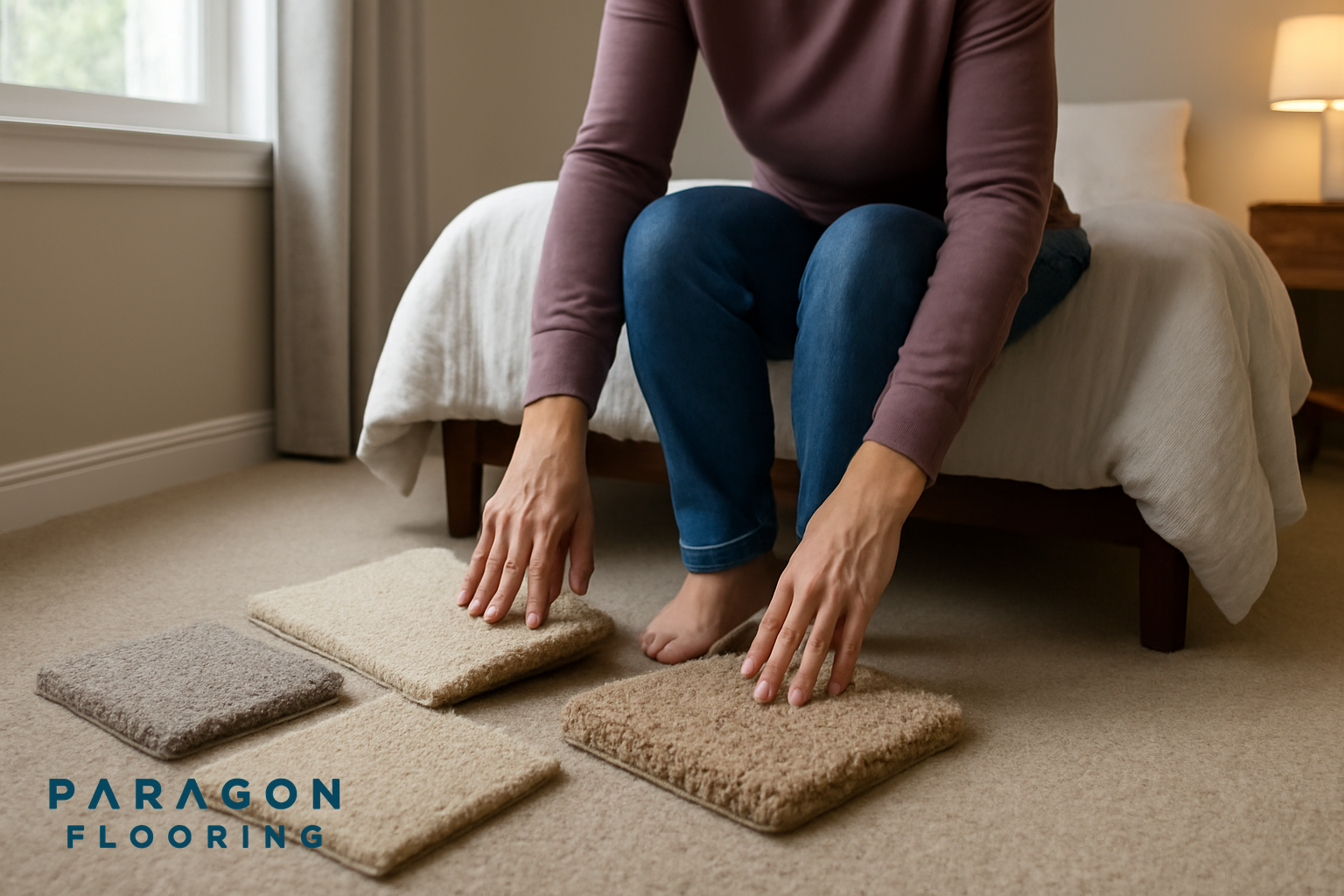 Person comparing different carpet samples by hand and foot in a bedroom with natural light and lamp.