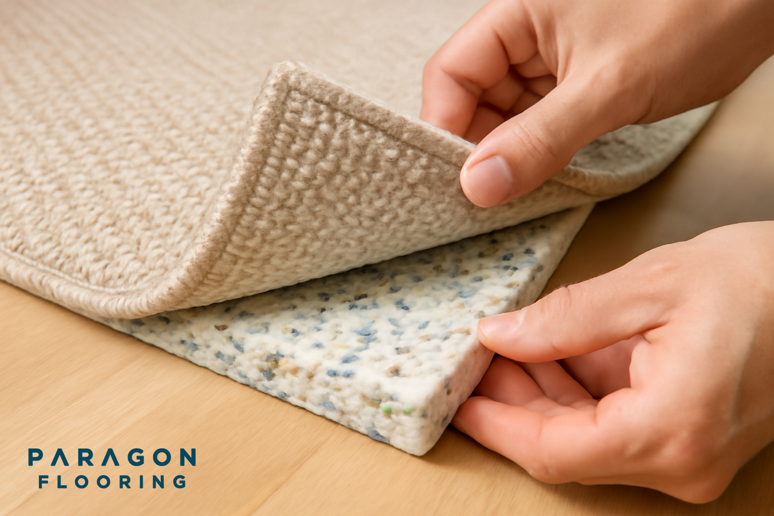 Hands lifting a carpet sample to show the cushion layer underneath.