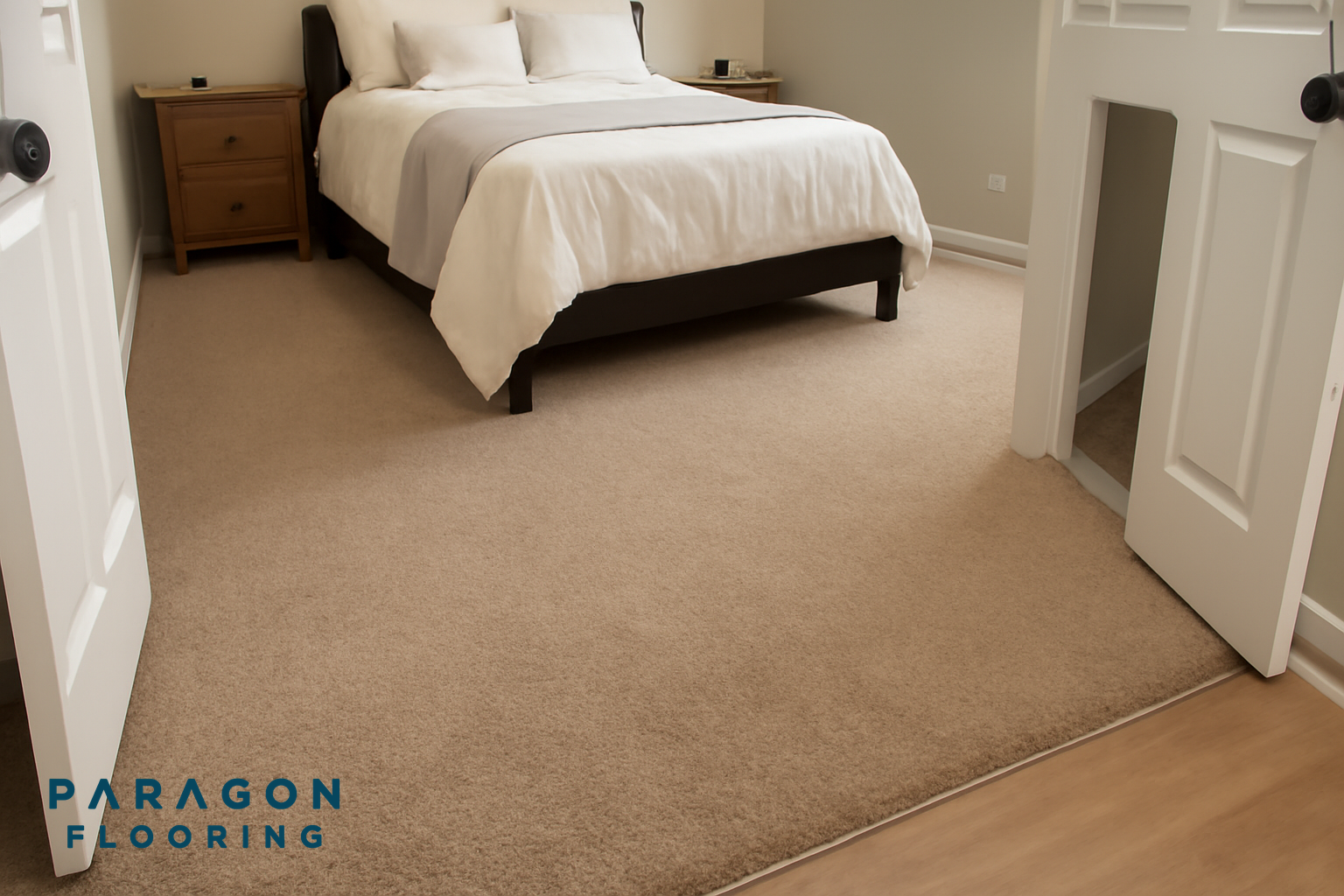 Bedroom with carpet meeting door and closet thresholds and adjoining floors.