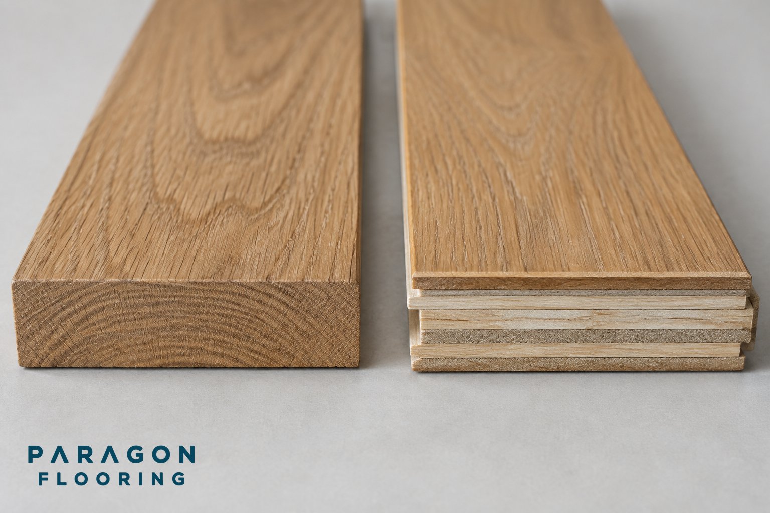 Photo-realistic cross sections comparing solid hardwood and engineered hardwood planks, highlighting their internal construction.