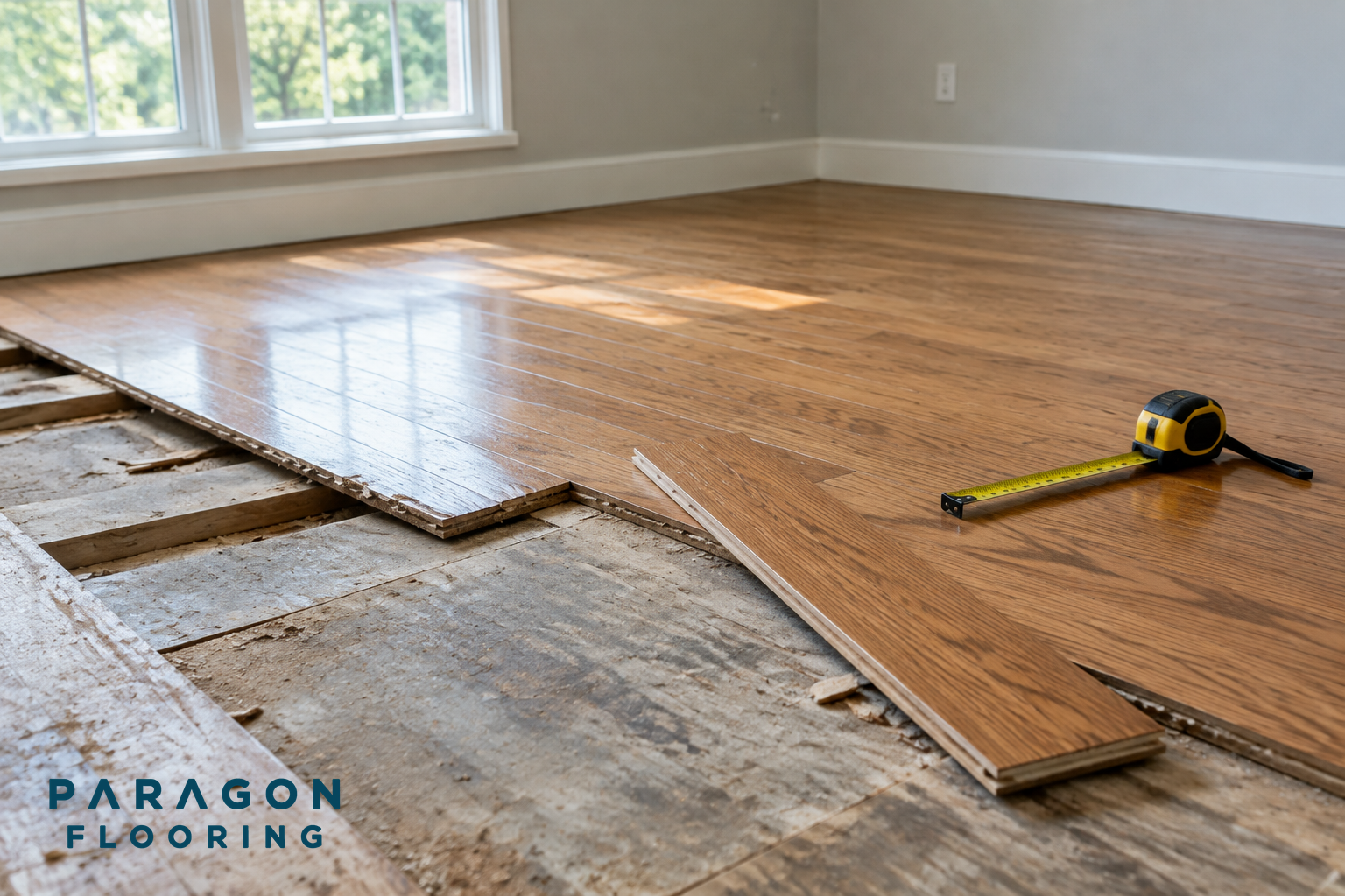 A home interior with previous flooring partially removed, exposing the subfloor and a hardwood sample being fit in place.