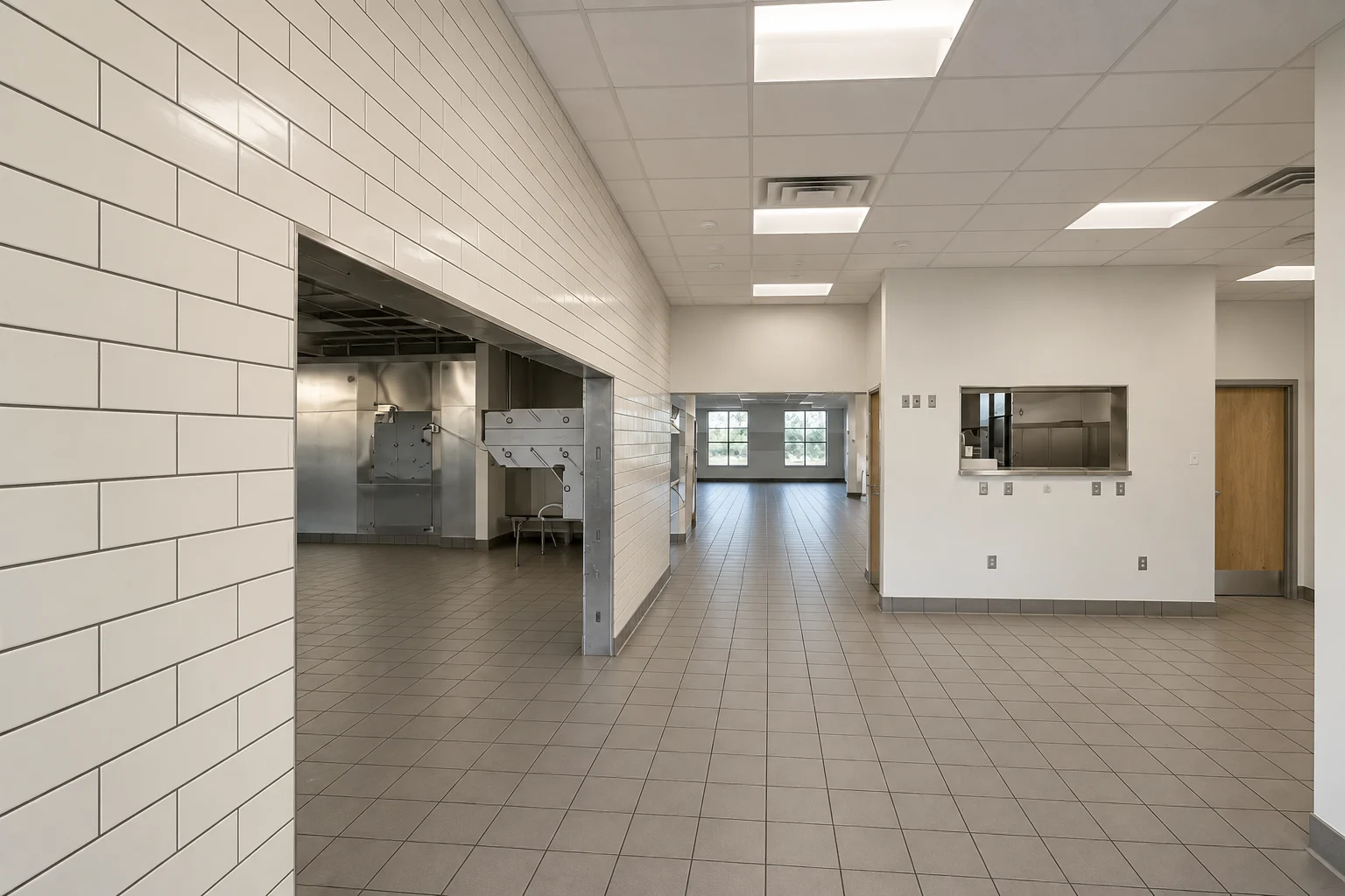 Restaurant interior with narrow rectangular gray floor tile and white tiled walls