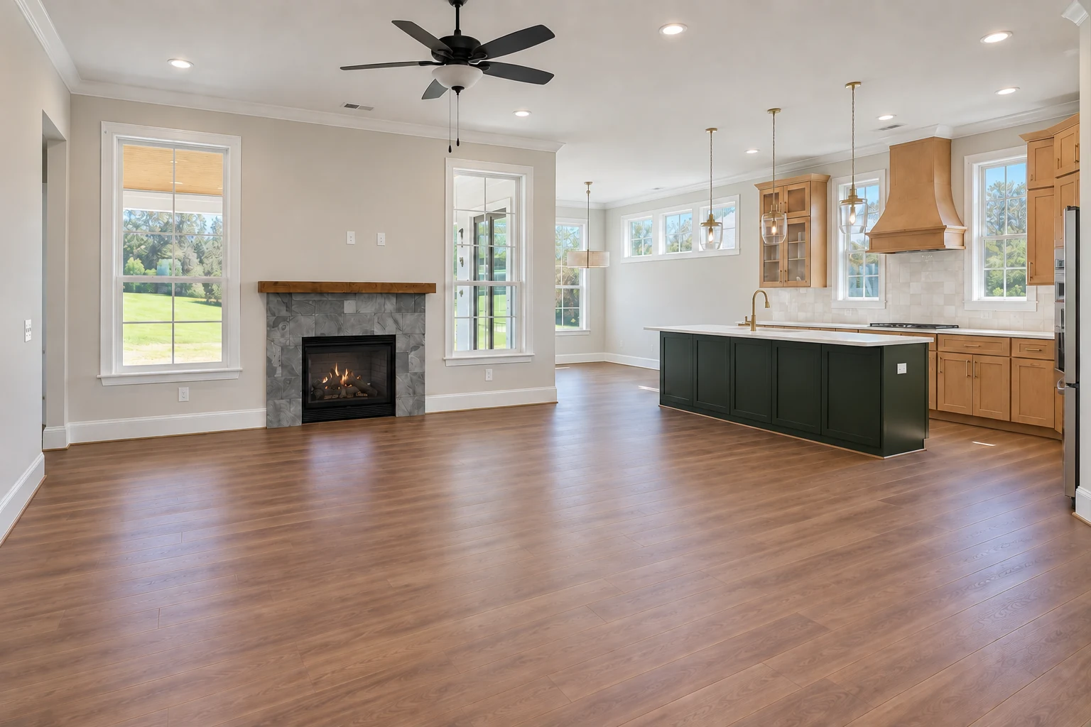 Warm wood flooring, stone fireplace and paired windows in an AI-completed Paragon living room