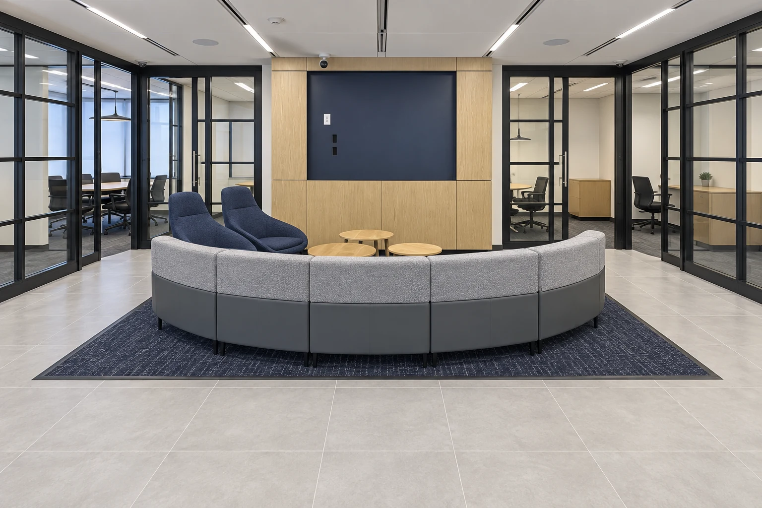Commercial lounge with curved gray seating, pale tile flooring and glass offices, completed with AI from a Paragon project photo