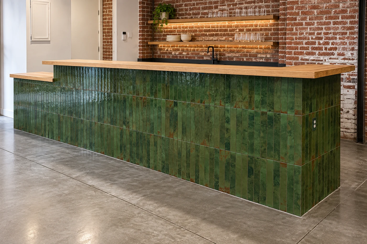 Green tile bar with a wood countertop, completed with AI from a Paragon project photograph