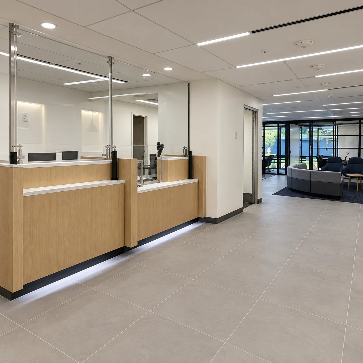 Oak and white reception counter, glass screens and gray floor tiles in an AI-completed commercial room based on a Paragon project photograph
