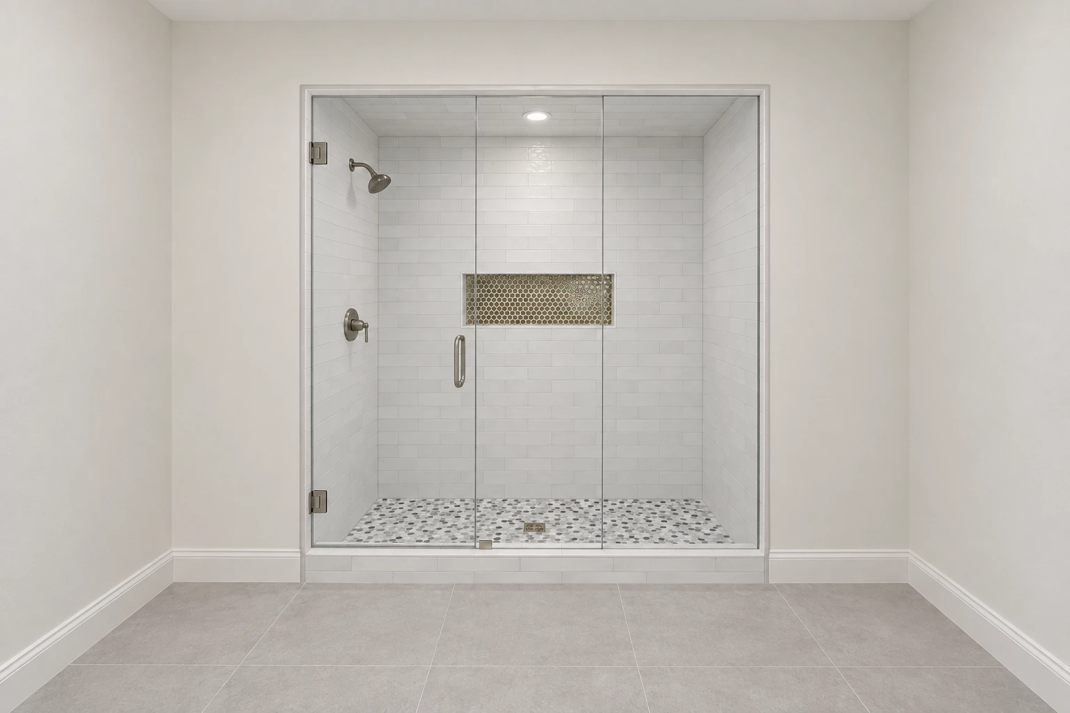 Paragon shower tilework with AI-completed surrounding wall and floor