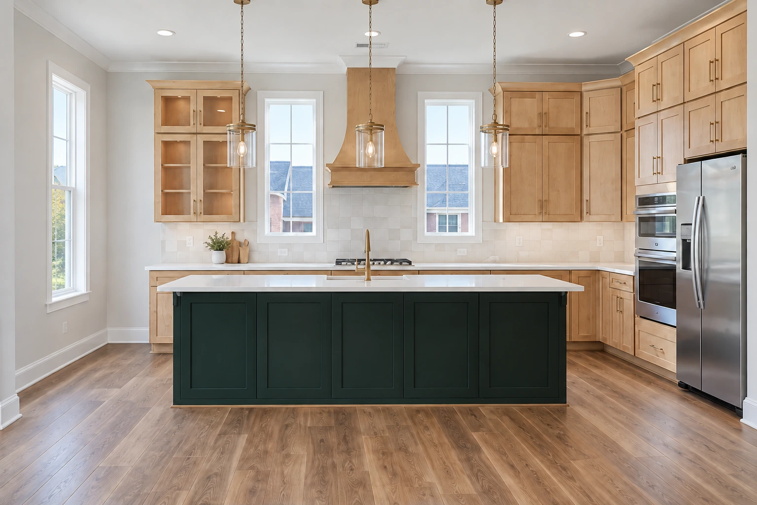 Natural cabinetry and a green island in a complete-room kitchen visualization