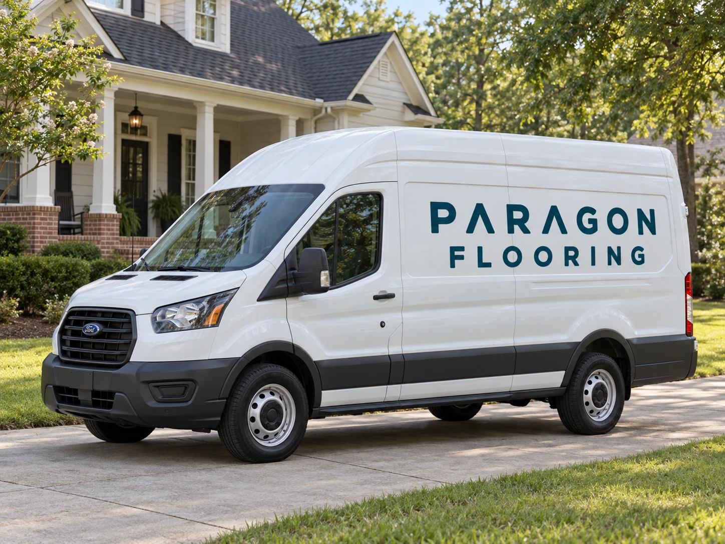 Illustrative Paragon Flooring work van outside a South Carolina-style home