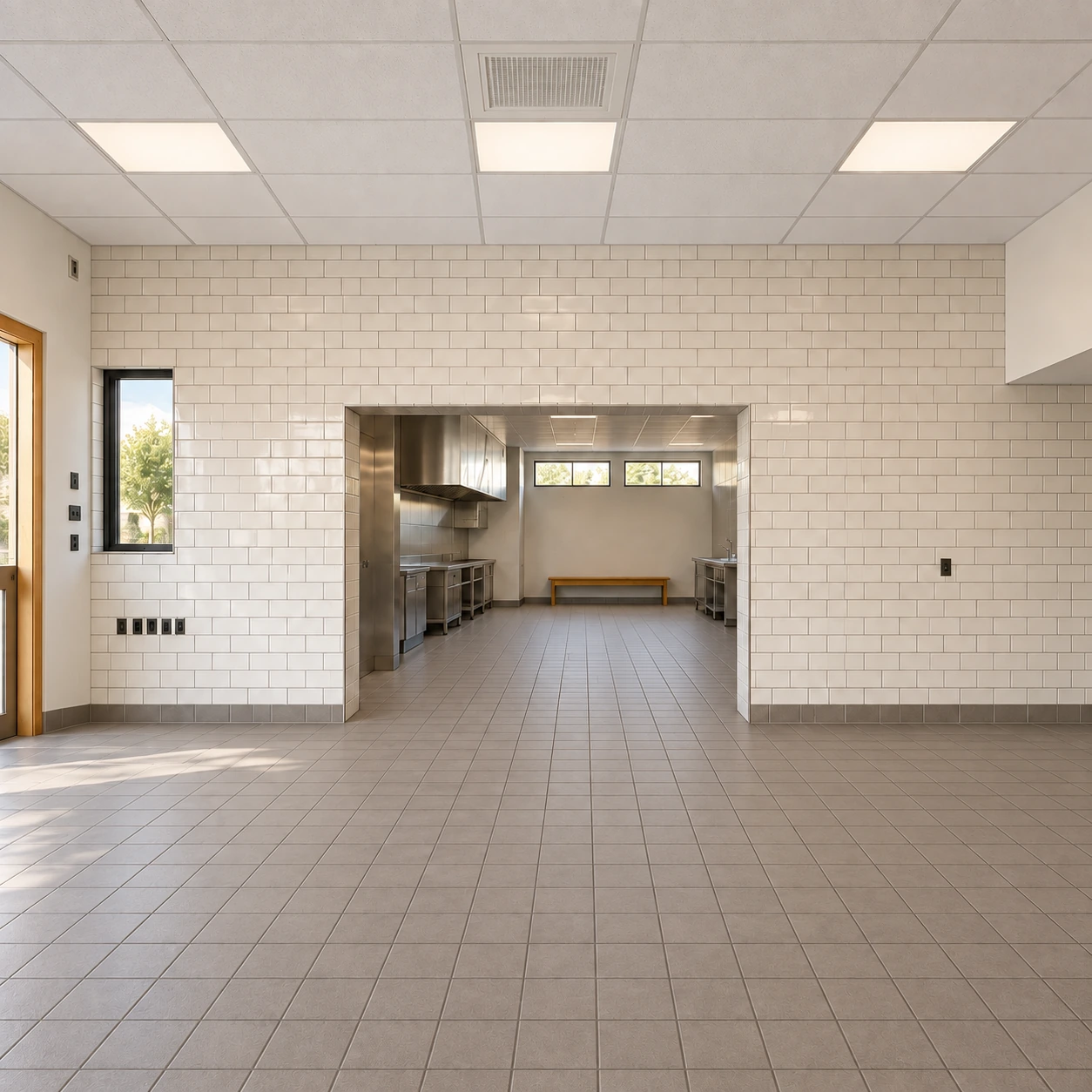 White tile feature wall and small square commercial quarry floor tiles in an AI-completed Paragon project room